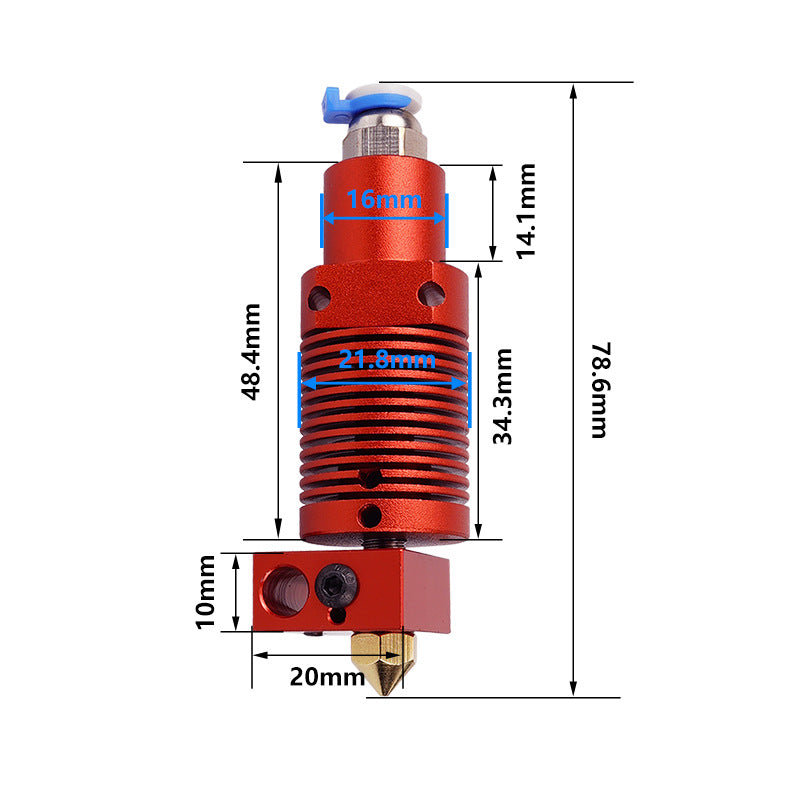 The CR10S PRO Ender-3 S1 PRO Remote Extrusion 3D Printer Print Head, in red, from 3D Printing Perth - Cirrus Link, features precise millimeter measurements: a height of 78.6 and a width of 20, with various component dimensions ensuring compatibility and precision.