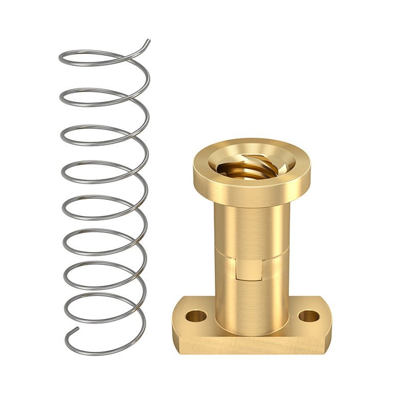 An ASR T8 Brass Flexible Nut – Z-Axis Lead Screw, a flanged cylindrical brass part with two mounting holes, is shown next to a metal coil spring on a white background; both are used in 3D printers for smooth Z-axis motion.