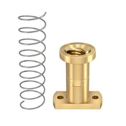 An ASR T8 Brass Flexible Nut – Z-Axis Lead Screw, a flanged cylindrical brass part with two mounting holes, is shown next to a metal coil spring on a white background; both are used in 3D printers for smooth Z-axis motion.