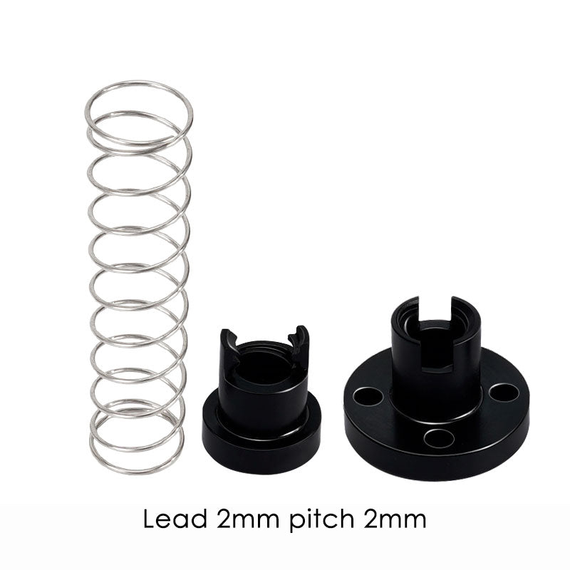 ASR’s T8 Flexible POM Nut for Z-Axis Lead Screws and three black mechanical parts are displayed on a white background, labeled “Lead 2mm pitch 2mm”—perfect for use in 3D printer Z-axis applications.