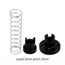 ASR’s T8 Flexible POM Nut for Z-Axis Lead Screws and three black mechanical parts are displayed on a white background, labeled “Lead 2mm pitch 2mm”—perfect for use in 3D printer Z-axis applications.