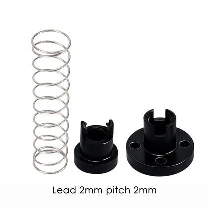 ASR’s T8 Flexible POM Nut for Z-Axis Lead Screws and three black mechanical parts are displayed on a white background, labeled “Lead 2mm pitch 2mm”—perfect for use in 3D printer Z-axis applications.