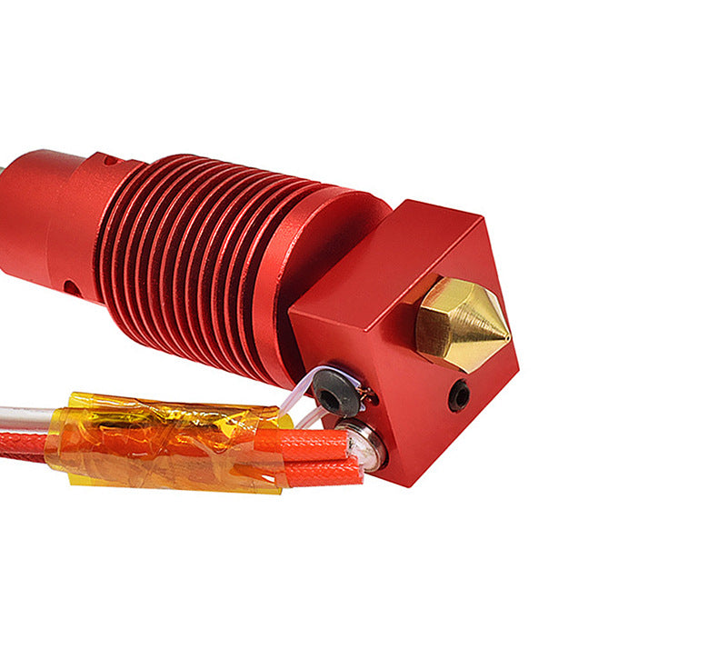 Close-up of a CR10S PRO Ender-3 S1 PRO Remote Extrusion 3D Printer Print Head by 3D Printing Perth - Cirrus Link, showcasing a red extruder with a brass nozzle and attached wires wrapped in yellow tape.