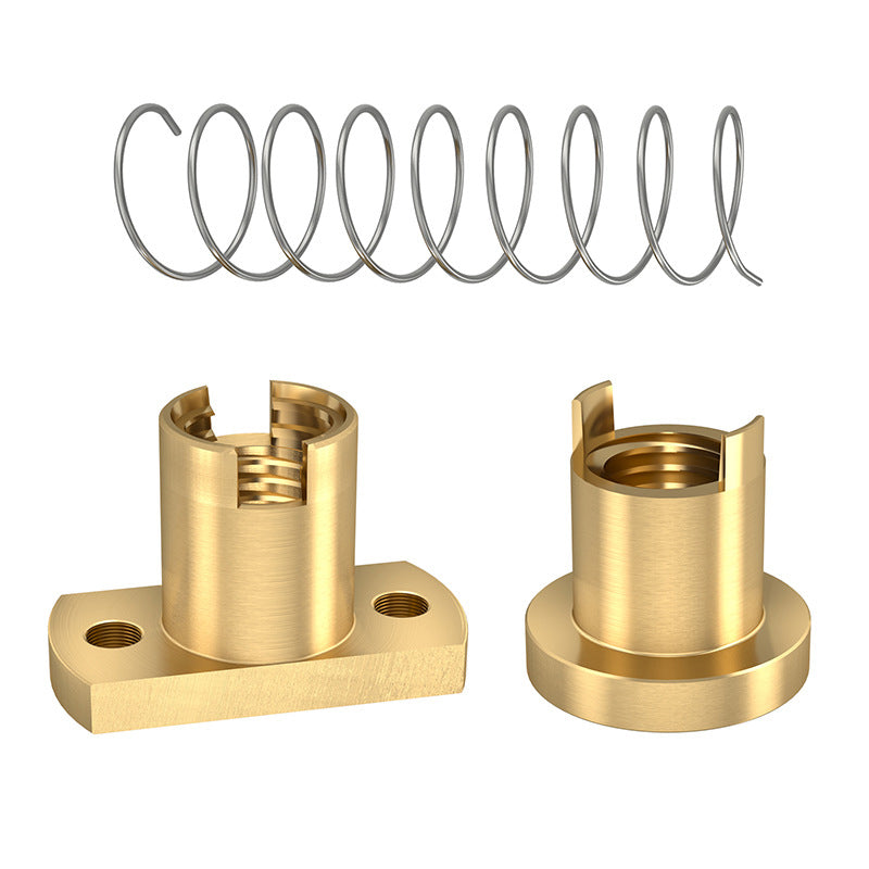 An ASR T8 Brass Flexible Nut – Z-Axis Lead Screw set, featuring two threaded brass components and a metal coil spring for 3D printer Z-axis elevation, is displayed on a white background.