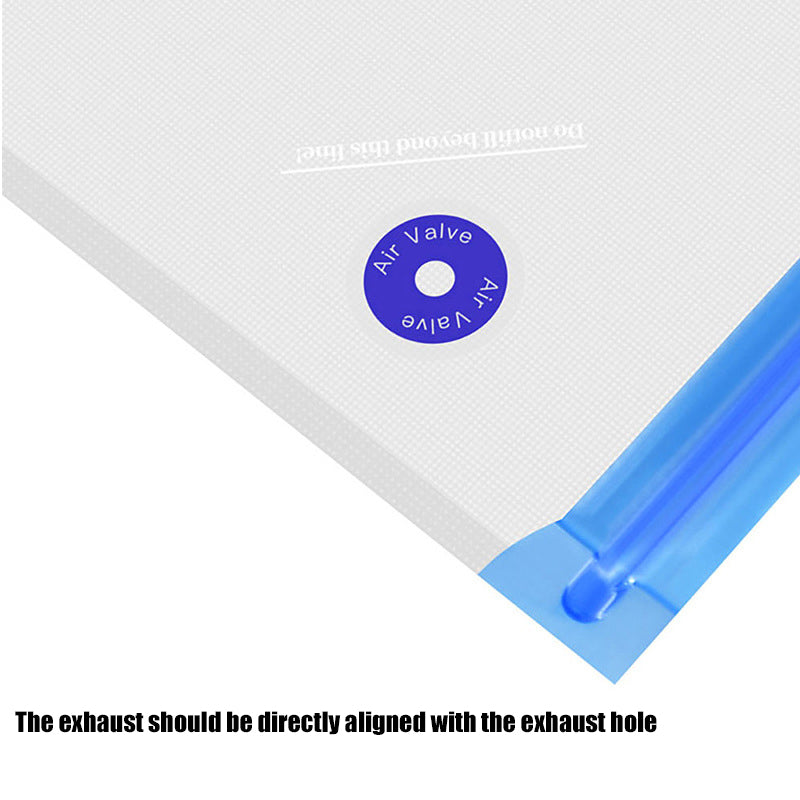 A close-up view of the plastic air valve featuring a blue seal on the transparent packaging typical of the 3D Printing Perth - Cirrus Link Vacuum Bags with Air Pump Sealing Kit. Instructions indicate aligning the exhaust with the hole for optimal use.