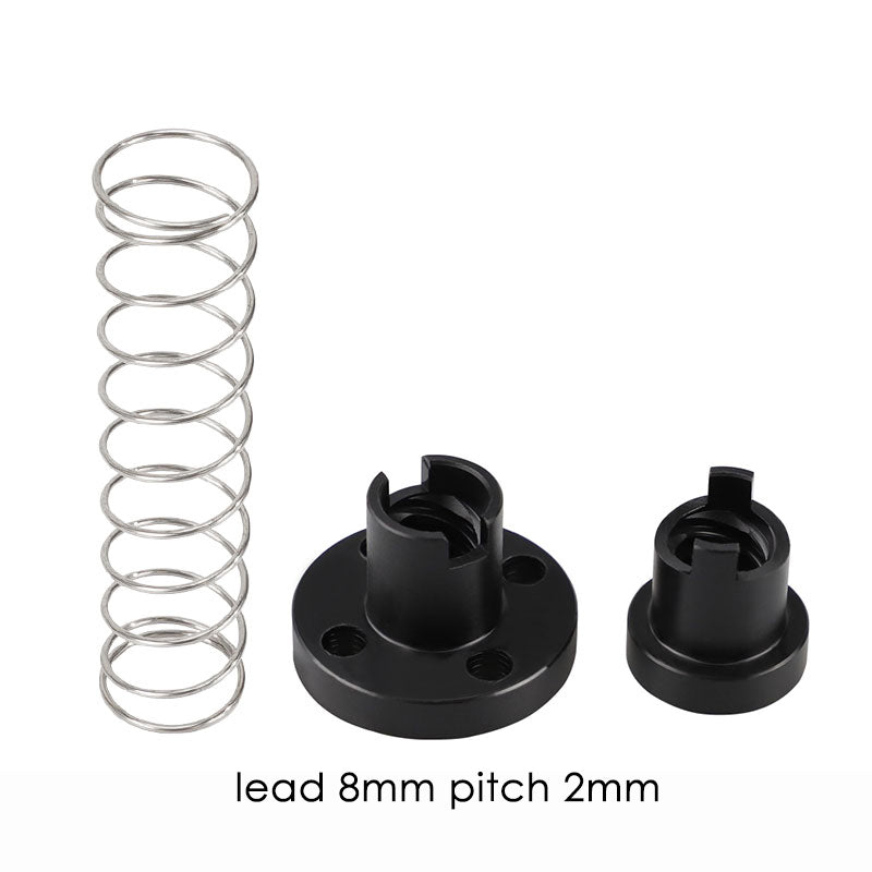 The ASR T8 Flexible POM Nut for Z-Axis Lead Screws and a metal compression spring are shown on a white background; text reads "lead 8mm pitch 2mm." Perfect for 3D printer Z-axis assemblies.