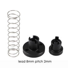 The ASR T8 Flexible POM Nut for Z-Axis Lead Screws and a metal compression spring are shown on a white background; text reads "lead 8mm pitch 2mm." Perfect for 3D printer Z-axis assemblies.