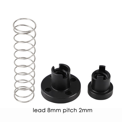 The ASR T8 Flexible POM Nut for Z-Axis Lead Screws and a metal compression spring are shown on a white background; text reads "lead 8mm pitch 2mm." Perfect for 3D printer Z-axis assemblies.