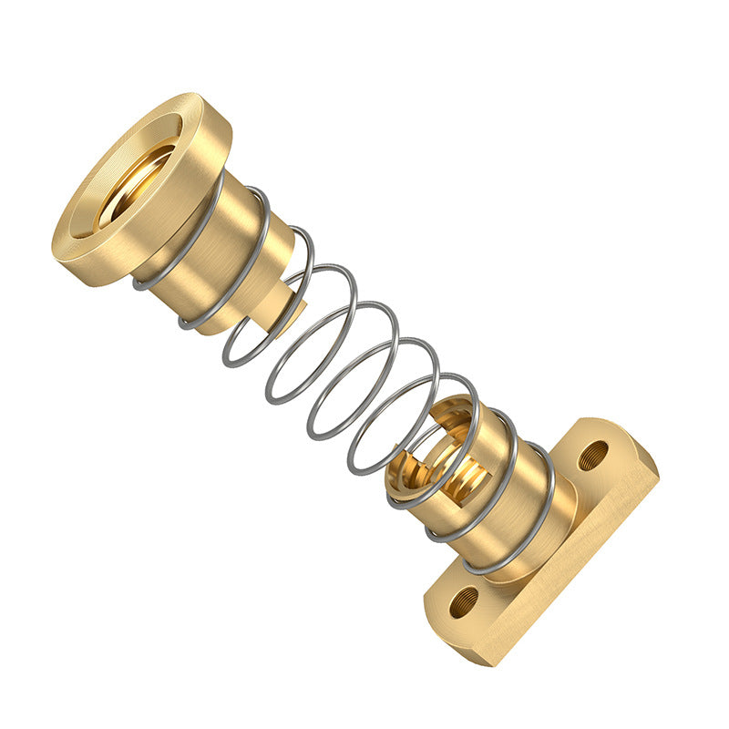 A 3D rendering of the ASR T8 Brass Flexible Nut – Z-Axis Lead Screw, a metal compression spring assembly with gold cylindrical ends, commonly used in 3D printers for smooth Z-axis elevation, shown on a white background.