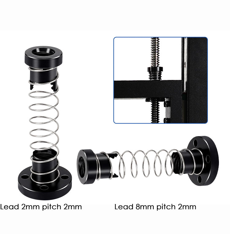 Two ASR T8 Flexible POM Nuts for Z-Axis lead screws are shown: one is marked "Lead 2mm pitch 2mm," the other "Lead 8mm pitch 2mm." An inset displays installation on a 3D printer Z-axis.
