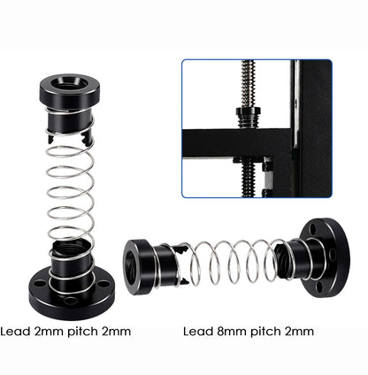 Two ASR T8 Flexible POM Nuts for Z-Axis lead screws are shown: one is marked "Lead 2mm pitch 2mm," the other "Lead 8mm pitch 2mm." An inset displays installation on a 3D printer Z-axis.