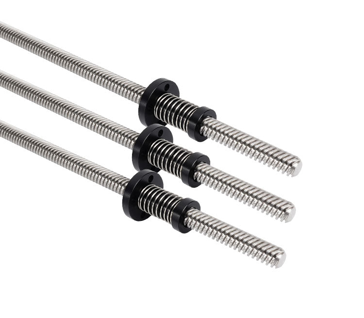 Three ASR T8 Flexible POM Nuts for Z-Axis lead screws, with threaded metal shafts and black collars, are arranged parallel on a white background—perfect for 3D printer Z-axis assemblies.