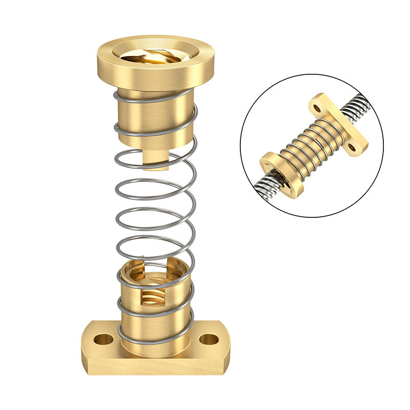 ASR T8 Brass Flexible Nut – Z-Axis Lead Screw features a coiled spring and dual end parts, ideal for 3D printer Z-axis elevation; inset displays the assembled unit with a rod through the flexible nut bearing.