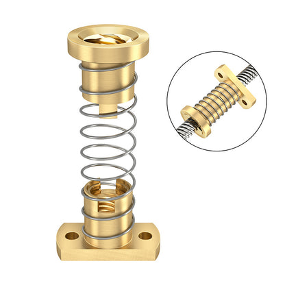 ASR T8 Brass Flexible Nut – Z-Axis Lead Screw features a coiled spring and dual end parts, ideal for 3D printer Z-axis elevation; inset displays the assembled unit with a rod through the flexible nut bearing.