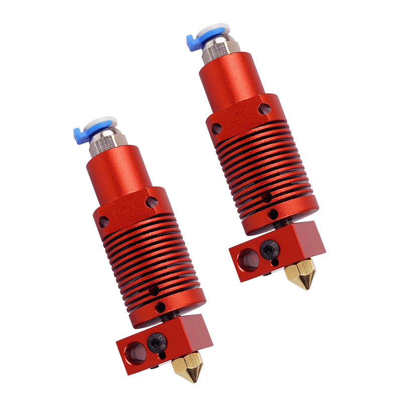 Two CR10S PRO Ender-3 S1 PRO Remote Extrusion 3D Printer Print Heads from 3D Printing Perth - Cirrus Link, in red metal, compatible with the Ender-3 S1 PRO. These print heads feature a grooved heat sink, nozzle tip, and top fittings for seamless integration into your print head assembly.