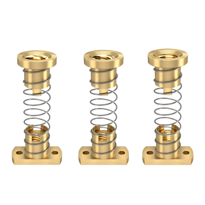 The ASR T8 Brass Flexible Nut for Z-Axis lead screws is shown in various compression stages, each mounted on a rectangular base with two holes—ideal for precise 3D printer applications.