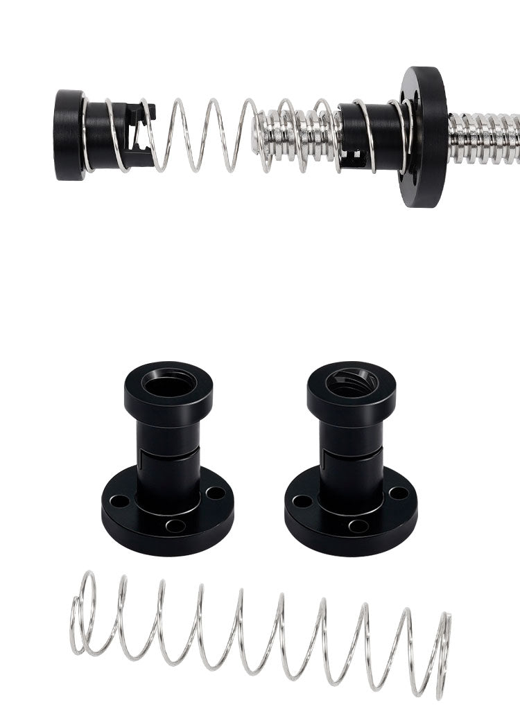 Disassembled ASR T8 Flexible POM Nut for Z-Axis Lead Screws, coiled metal spring, threaded rod, and black flanged parts are displayed on a white background—ideal for 3D printer Z-axis assemblies.