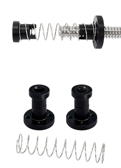 Disassembled ASR T8 Flexible POM Nut for Z-Axis Lead Screws, coiled metal spring, threaded rod, and black flanged parts are displayed on a white background—ideal for 3D printer Z-axis assemblies.
