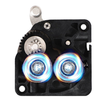 Close-up of a mechanical component with two blue-lit circular elements and visible gears on a black casing, resembling the intricate precision of Creality's K1/K1C/Ender-3 V3 Replacement Extruder Gear.