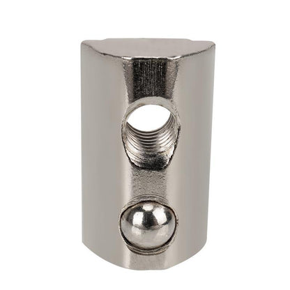 The Aluminium Profile Elastic Ball Nut Type 20 (14X8X4.2mm) by 3D Printing Perth - Cirrus Link features a metallic threaded design with a bottom hole and protruding circular button, ideal for mechanical engineering uses.