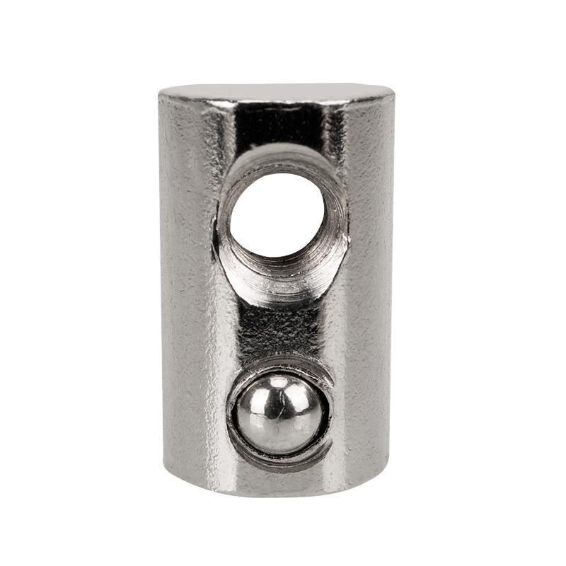 The Aluminium Profile Elastic Ball Nut Type 20 (14X8X4.2mm) by 3D Printing Perth - Cirrus Link is a metallic connector with a circular hole at the top and an elastic ball nut underneath, resembling components seen in aluminium profiles and for 3D printing against a crisp white background.