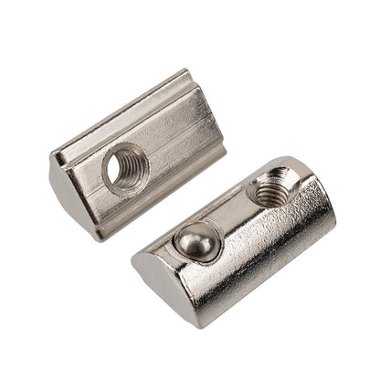 Two Aluminium Profile Elastic Ball Nuts Type 20 (14X8X4.2mm) from 3D Printing Perth - Cirrus Link, featuring threaded holes and grooves, essential for mechanical engineering projects, are displayed on a white background.