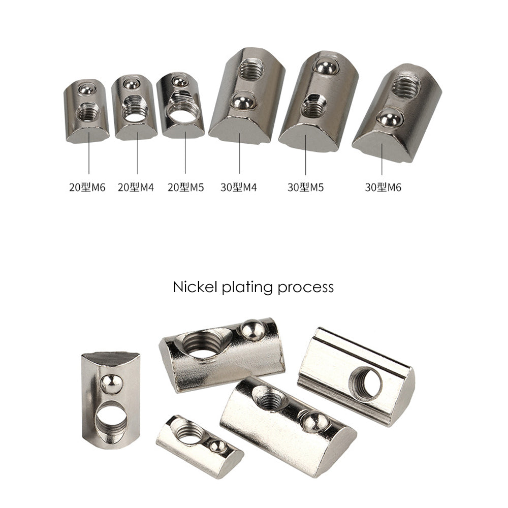 A display features an assortment of nickel-plated metal fasteners alongside aluminium profiles like the Aluminium Profile Elastic Ball Nut Type 20 from 3D Printing Perth - Cirrus Link, available in sizes of 20 and 30 mm, with M4, M5, and M6 thread configurations.