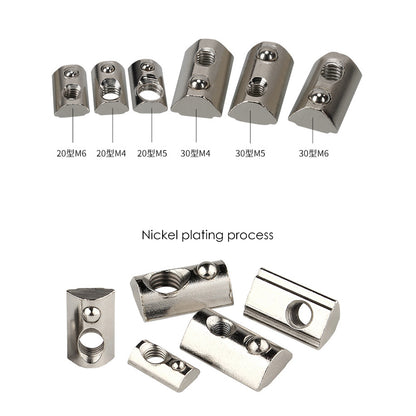 A display features an assortment of nickel-plated metal fasteners alongside aluminium profiles like the Aluminium Profile Elastic Ball Nut Type 20 from 3D Printing Perth - Cirrus Link, available in sizes of 20 and 30 mm, with M4, M5, and M6 thread configurations.
