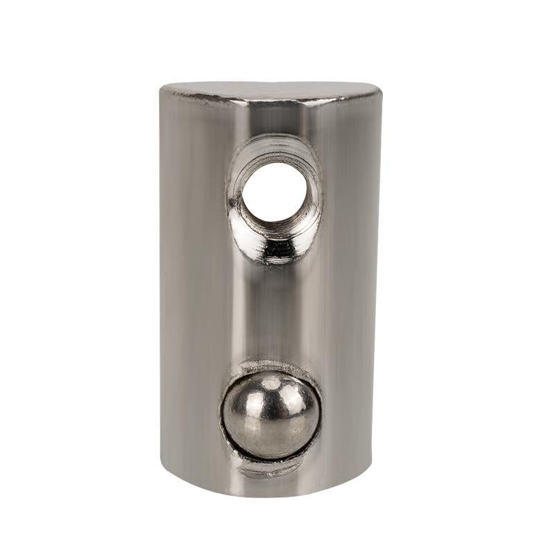 The Aluminium Profile Elastic Ball Nut Type 20 (14X8X4.2mm) from 3D Printing Perth - Cirrus Link is a metallic cylindrical object with a top hole and a round bottom protrusion, crafted through 3D printing.
