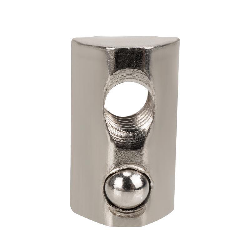 Close-up of a metallic clamp featuring a central hole and small round screw, ideal for securing objects in mechanical engineering with the Aluminium Profile Elastic Ball Nut Type 20 by 3D Printing Perth - Cirrus Link.