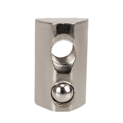 Close-up of a metallic clamp featuring a central hole and small round screw, ideal for securing objects in mechanical engineering with the Aluminium Profile Elastic Ball Nut Type 20 by 3D Printing Perth - Cirrus Link.