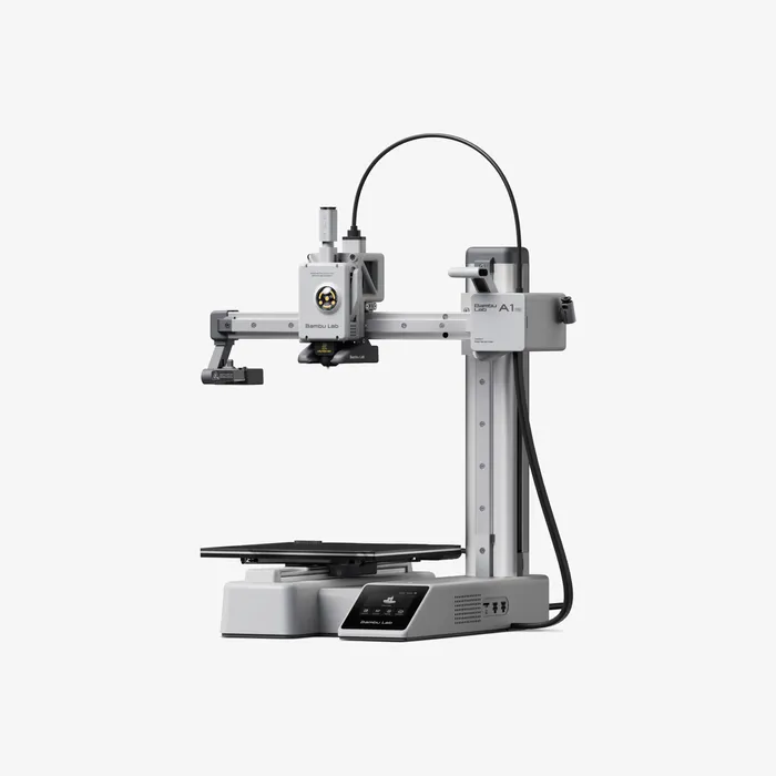 The Bambu Lab A1 mini 3D Printer by Bambu Lab is a gray desktop model with a vertical frame, horizontal arm, print head, and rectangular build platform, featuring full-metal linear rails for precision and low-noise operation.
