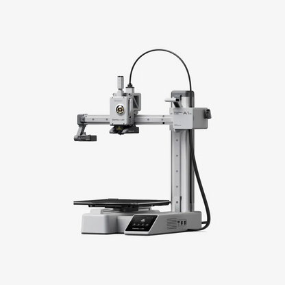 The Bambu Lab A1 mini 3D Printer by Bambu Lab is a gray desktop model with a vertical frame, horizontal arm, print head, and rectangular build platform, featuring full-metal linear rails for precision and low-noise operation.