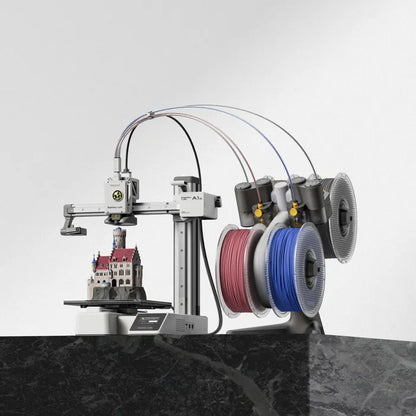 The Bambu Lab A1 mini 3D Printer by Bambu Lab uses multiple filament spools and full-metal linear rails to deliver low-noise, 4-color prints, shown here with a detailed red, white, and blue model on a black surface.
