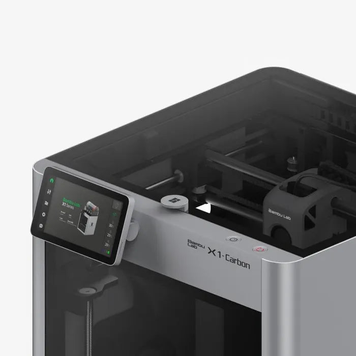 A close-up of the Bambu Lab X1C 3D Printer highlights its touchscreen control panel, visible internal components, and advanced CoreXY technology for high-quality prints.