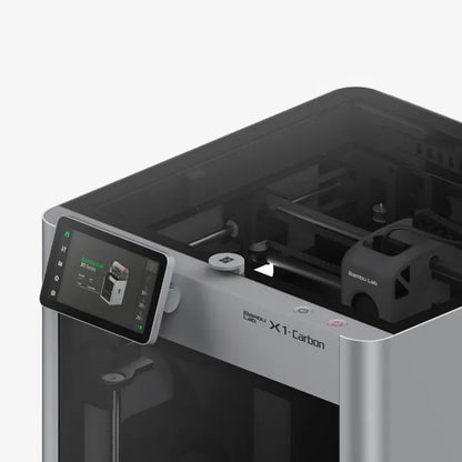 A close-up of the Bambu Lab X1C 3D Printer highlights its touchscreen control panel, visible internal components, and advanced CoreXY technology for high-quality prints.