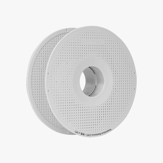 Two white, round, perforated Bambu Reusable Spool discs by Bambu Lab, designed for refillable filament storage, are stacked slightly offset on a plain white background.