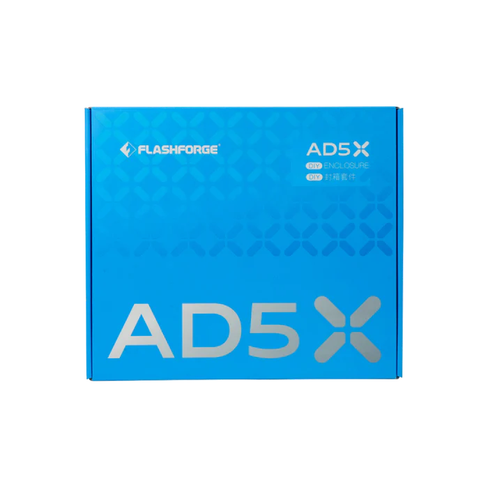 A blue FlashForge AD5X Printer Enclosure – Temperature & Safety Control box with white and silver text displays the product name and logo, ideal for maintaining optimal temperature and safety for your 3D printer.