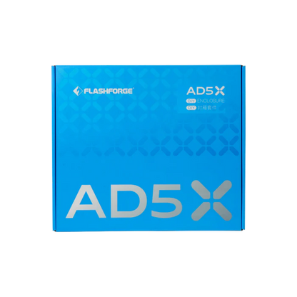 A blue FlashForge AD5X Printer Enclosure – Temperature & Safety Control box with white and silver text displays the product name and logo, ideal for maintaining optimal temperature and safety for your 3D printer.