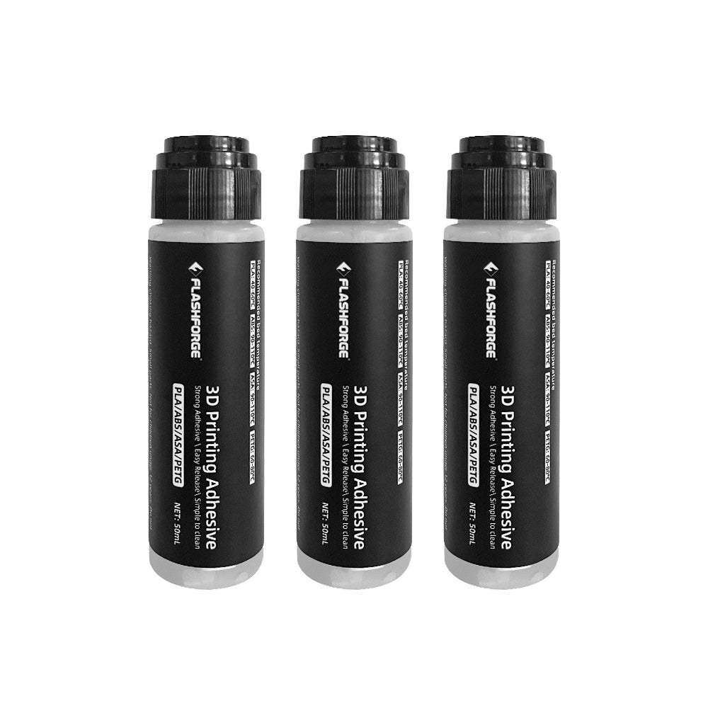 Three bottles of Flashforge's Glue for Adventurer 5M Series, renowned for improving print adhesion, are neatly displayed in a row against a white background. Perfectly suited for the Adventurer 5M series, this 3D printing adhesive guarantees dependable and consistent results.