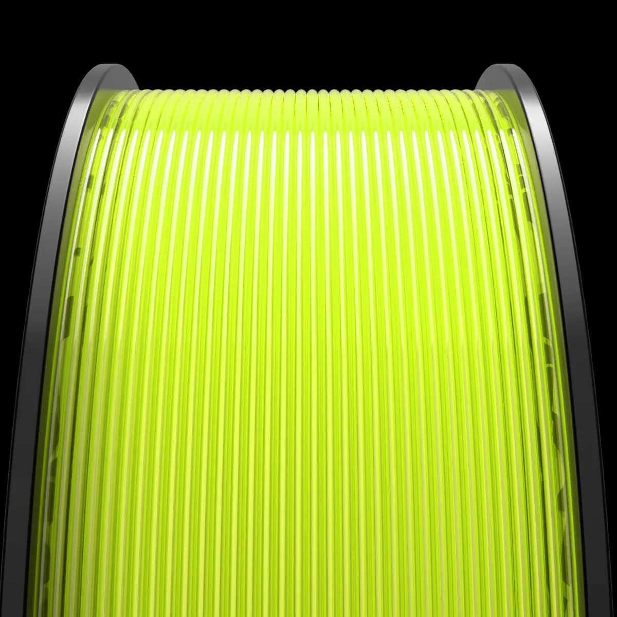 Close-up of an illuminated neon green MakerHero PETG 1.75mm 3D Printing Filament fiber optic cable reel on a black background.