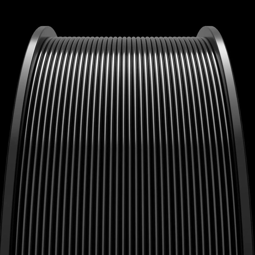 A close-up of a black, cylindrical object with numerous vertical, evenly spaced ridges, created using MakerHero PC 1.75mm 3D Printing Filament, set against a dark background.
