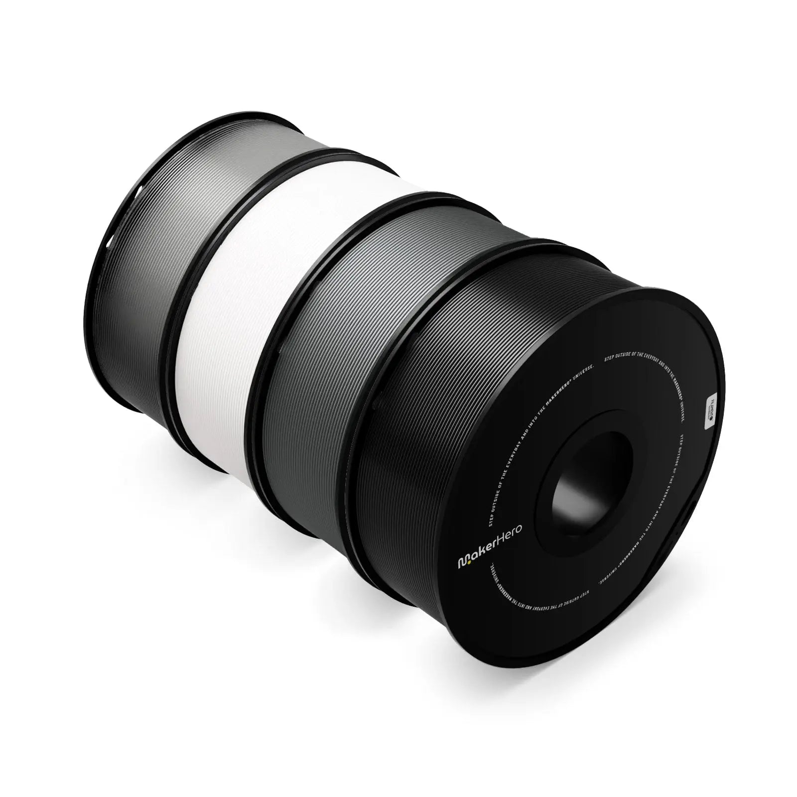 Black and white Filament - MakerHero PETG 1.75mm camera lens isolated on a white background, ideal for functional prototypes.