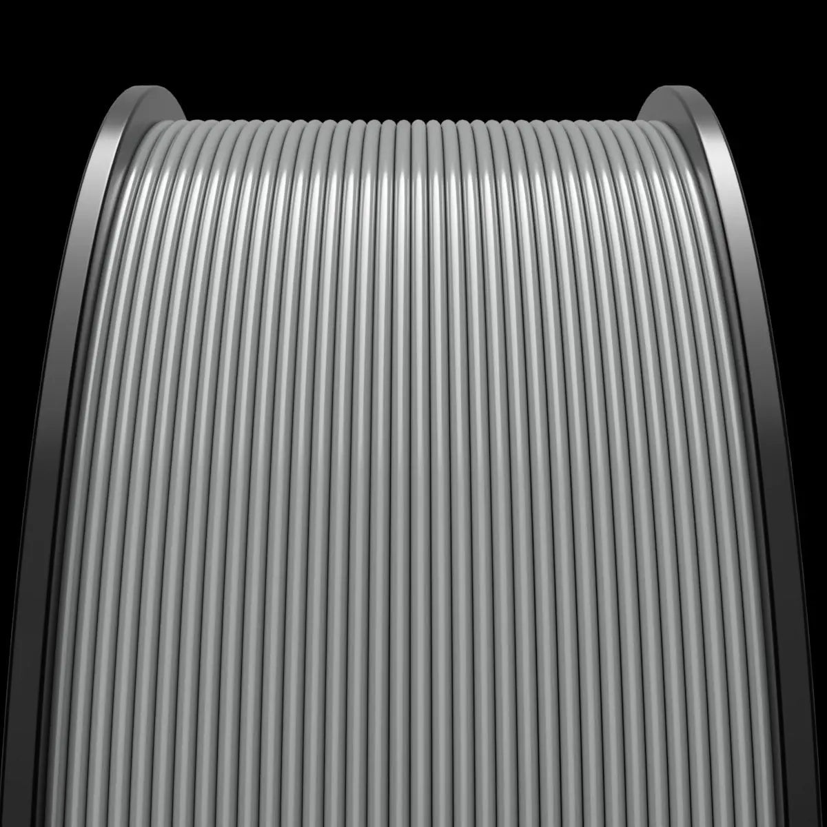 3D rendered image of tightly wound MakerHero PETG 1.75mm 3D Printing Filament on a cylindrical spool, illuminated softly, against a black background, showcasing functional prototypes.