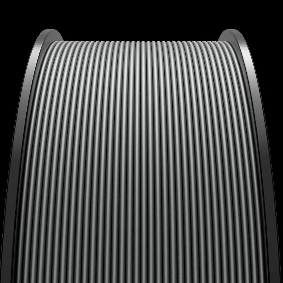 Close-up of a series of parallel, metallic gray cables, part of MakerHero PETG 1.75mm 3D Printing Filament prototypes, neatly aligned, set against a dark background.