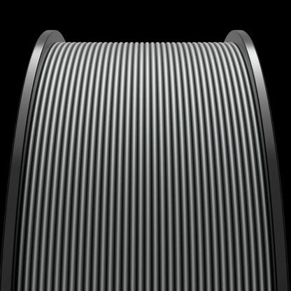 Close-up of a series of parallel, metallic gray cables, part of MakerHero PETG 1.75mm 3D Printing Filament prototypes, neatly aligned, set against a dark background.
