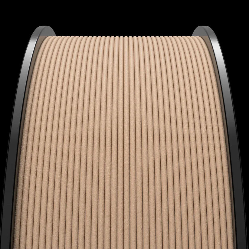 Close-up of a beige-colored MakerHero WOOD Blend™ PLA+ wood filament spool, infused with natural virgin wood powder, against a black background.