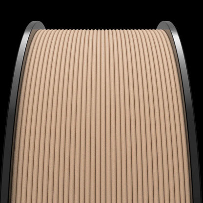 Close-up of a beige-colored MakerHero WOOD Blend™ PLA+ wood filament spool, infused with natural virgin wood powder, against a black background.