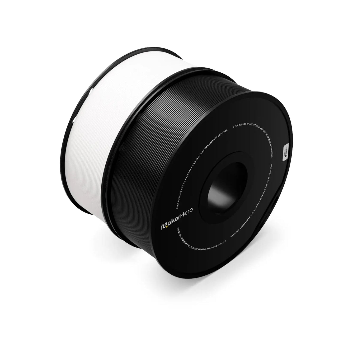 A black and white cylindrical macro lens for a camera, with focus distance markers on its side, made of MakerHero PETG filament, isolated on a white background.