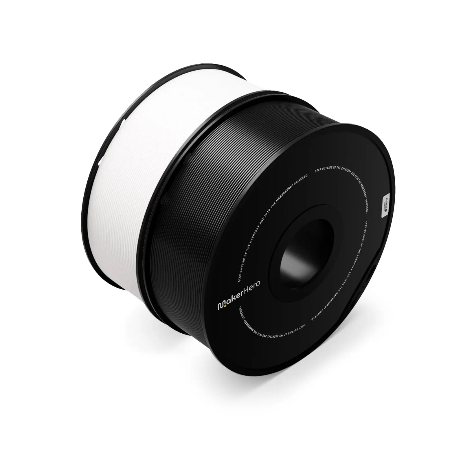 A black and white cylindrical macro lens for a camera, with focus distance markers on its side, made of MakerHero PETG filament, isolated on a white background.